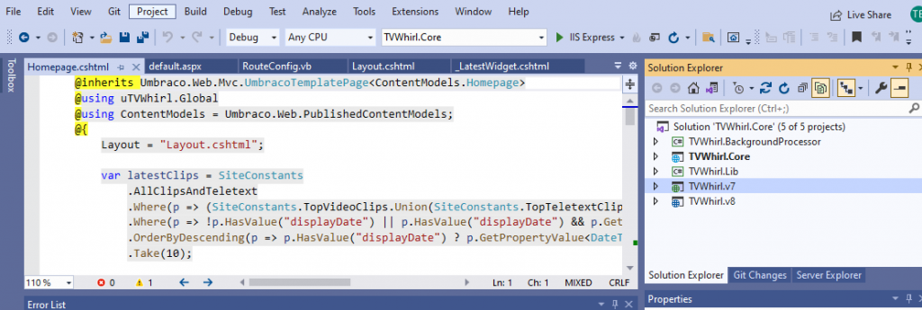 Screenshot of Visual Studio solution.