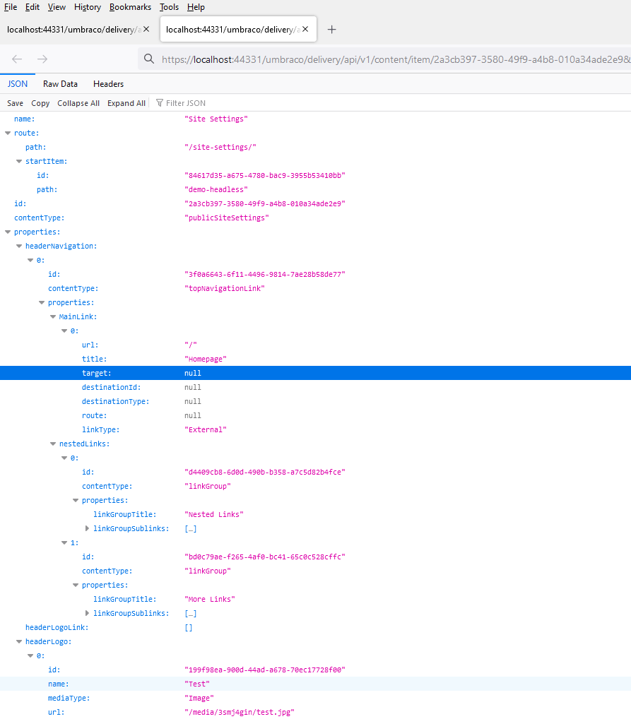 Screenshot of a blob of JSON showing an individual node.