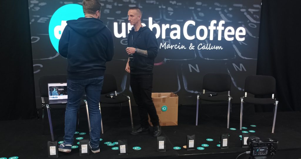 Callum and Marcin prepare to go live with umbraCoffee #300 from the stage at Umbraco UK Festival