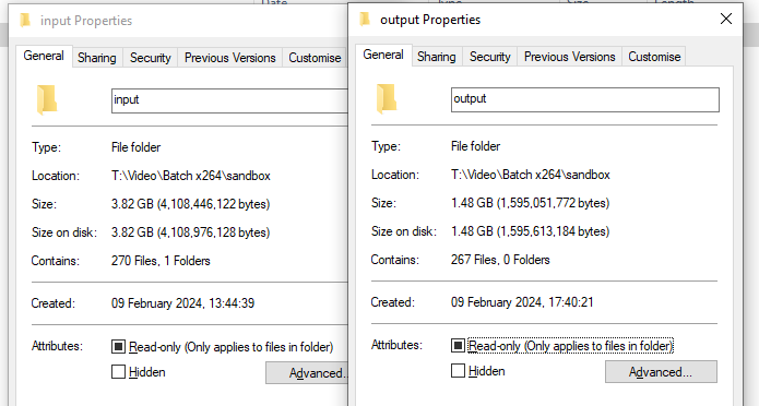 Two Windows Property dialogs showing the reduction in video file sizes of 267 files.