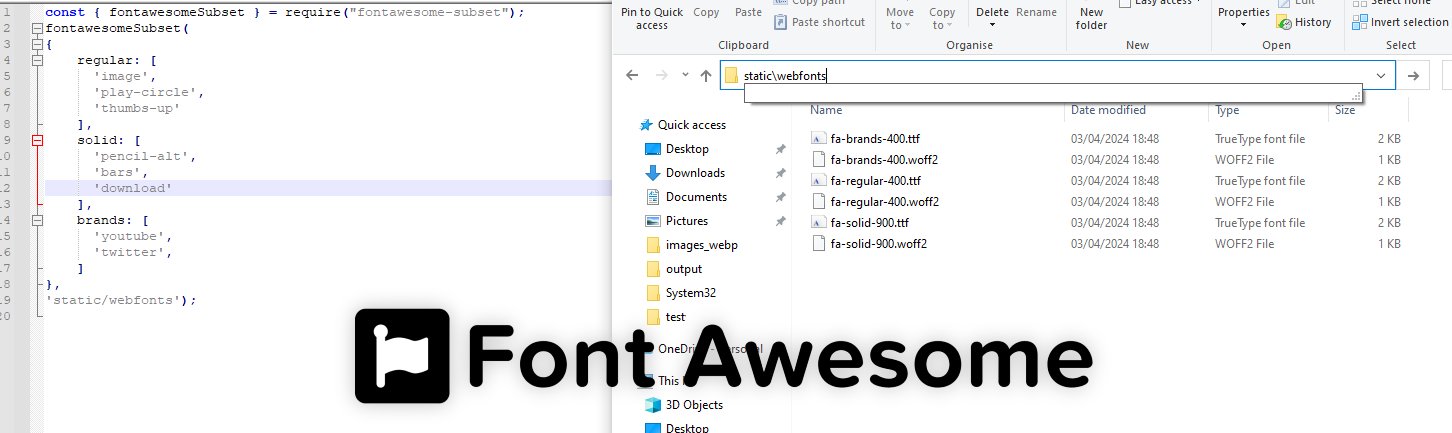 Font Awesome logo against a backdrop of some code for generating subset icons and a folder of generated font files